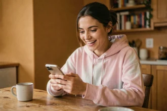 Jeune femme souriante regardant son smartphone pour récupérer de l'énergie gratuite dans le jeu mobile Travel Town