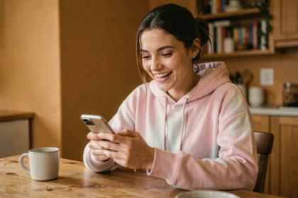 Jeune femme souriante regardant son smartphone pour récupérer de l'énergie gratuite dans le jeu mobile Travel Town