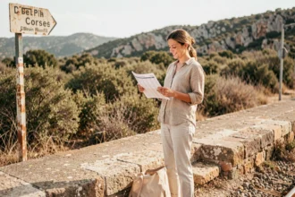 Femme consultant l'horaire de la micheline corse sur un quai de gare en Haute-Corse entouré de maquis
