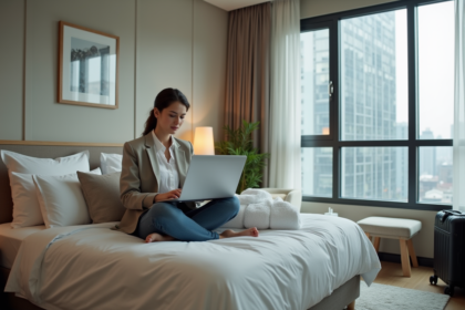 Jeune femme d'affaires vérifiant les prix sur un ordinateur dans une chambre d'hôtel moderne