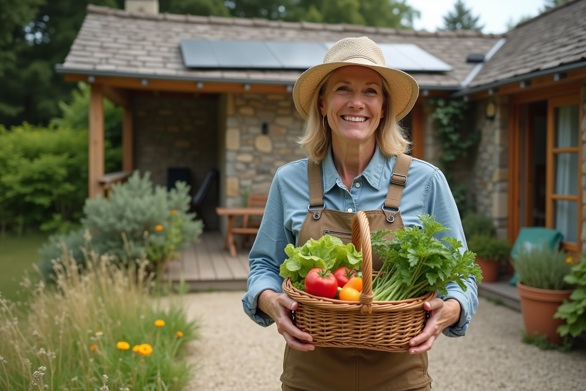 Femme souriante tenant un panier de légumes bio devant un ecogîte