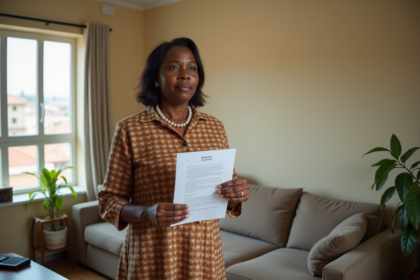 Femme kenyane tenant un contrat de location dans un salon