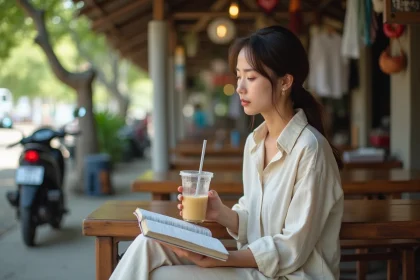 Jeune femme lisant un carnet à Padangbai en extérieur