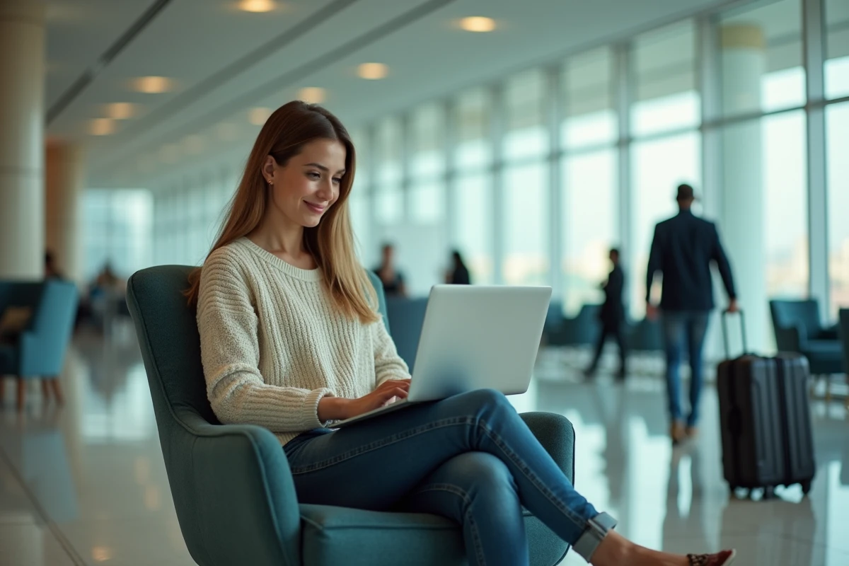 Jeune femme souriante dans un lounge aéroport à Mohammed V