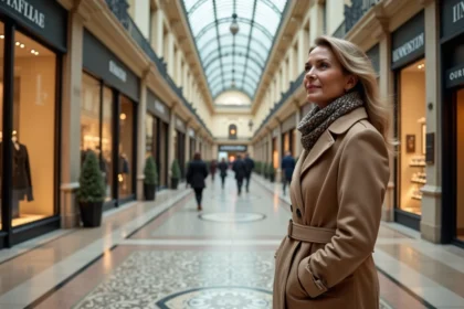 Femme en manteau beige admire mosaïque dans la galerie