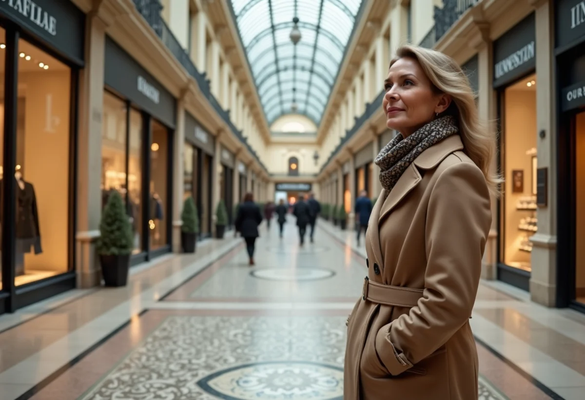 Femme en manteau beige admire mosaïque dans la galerie