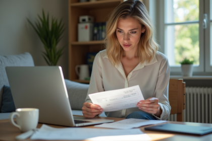 Jeune femme inquiète vérifiant son billet d'avion à la maison