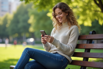 Femme souriante sur un banc de parc en ville