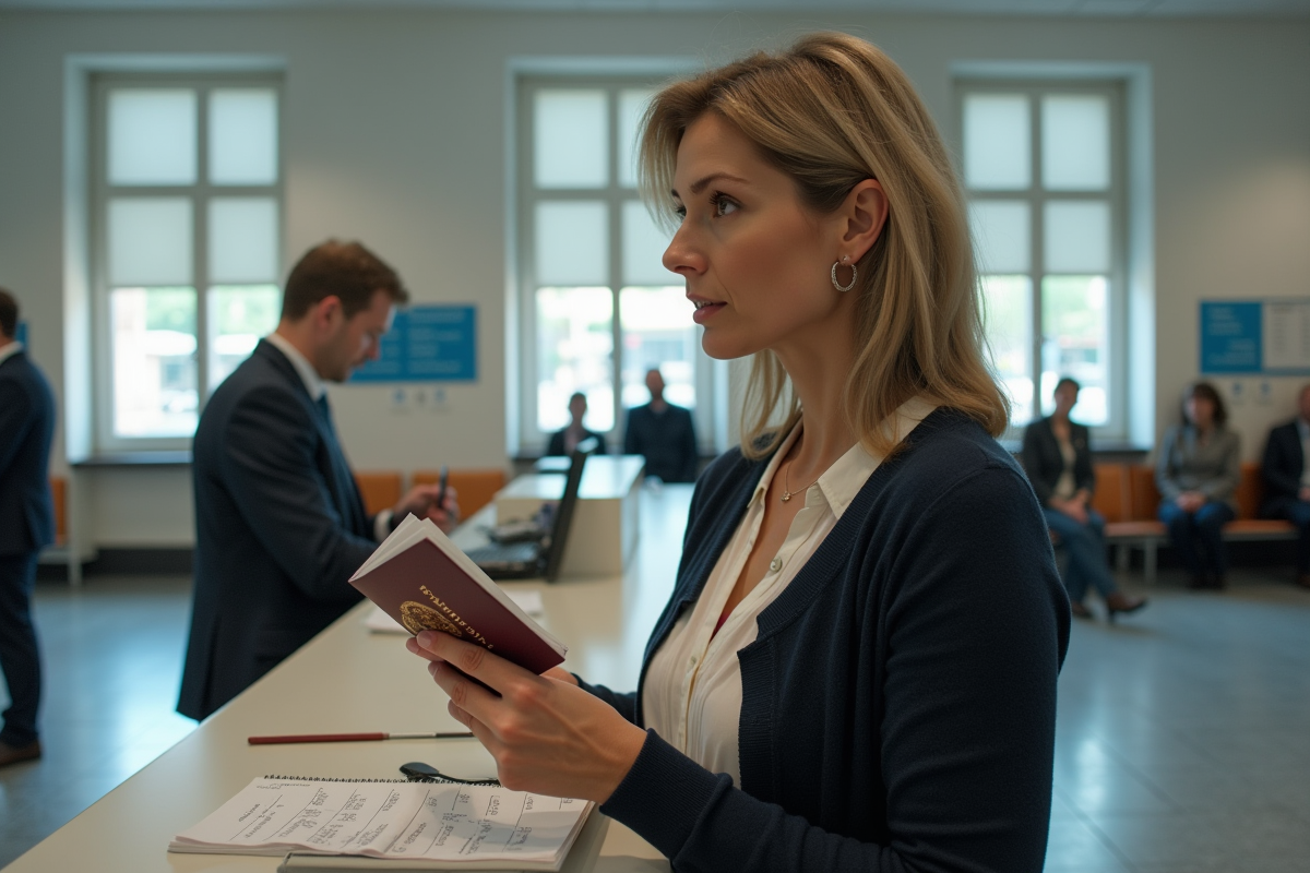 Femme regardant son passeport dans un bureau officiel