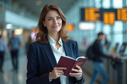 Femme avec passeport dans un aéroport moderne