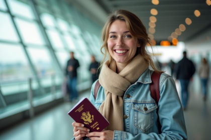 Femme souriante avec passeport et guide à l'aéroport