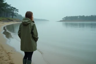 Femme en imperméable contemplant la plage de Conleau à Vannes sous la pluie, vue depuis le rivage mouillé