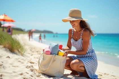 Femme en chapeau et robe à rayures prépare son sac de plage