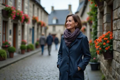 Femme en raincoat à Locronan admirant maisons en granite