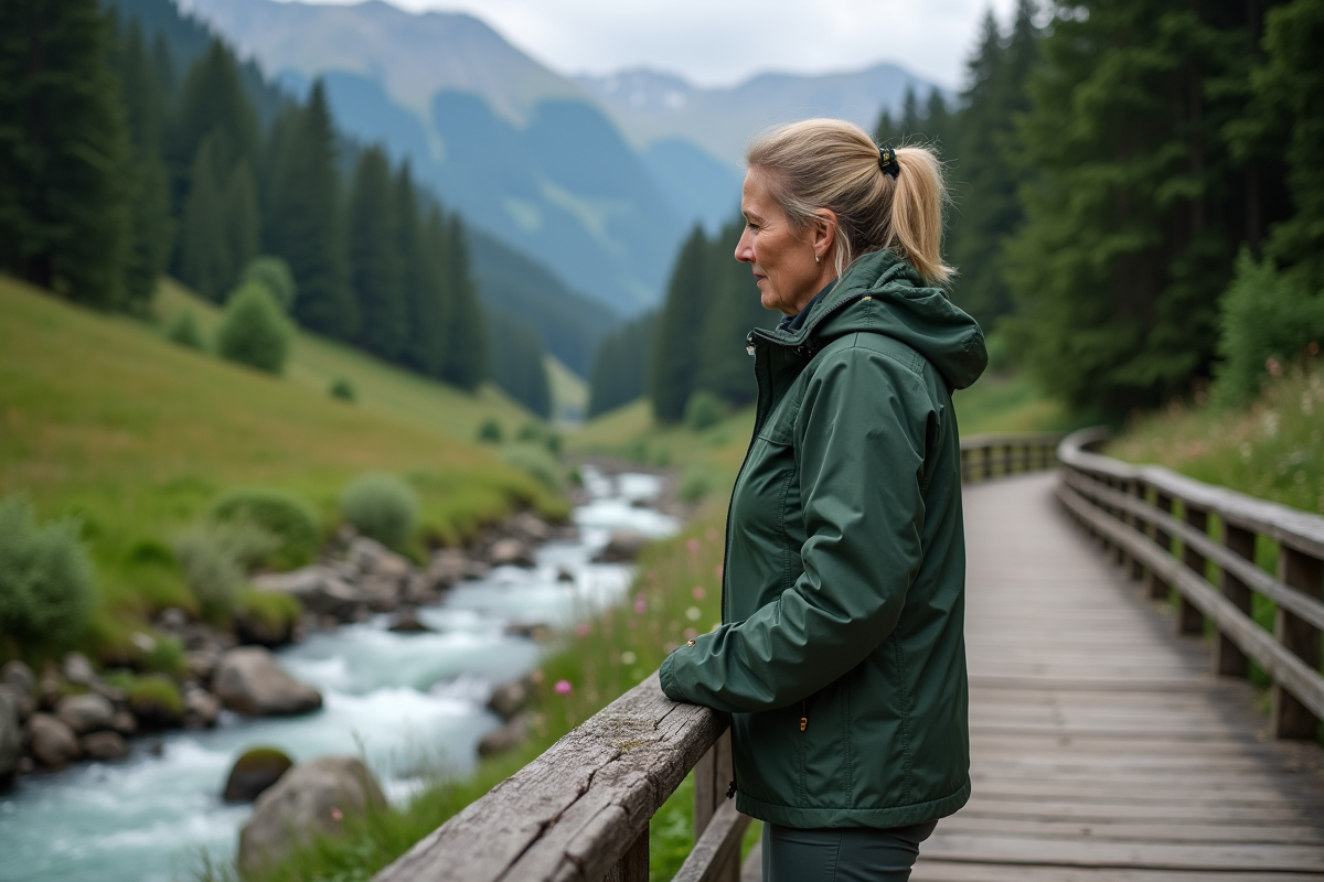 Femme en veste de randonnée sur pont en forêt de Styria