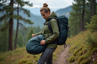 Jeune femme rangeant un duvet dans son sac à dos en forêt