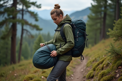 Jeune femme rangeant un duvet dans son sac à dos en forêt