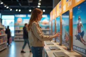 Femme en supermarché consulte offres vacances