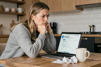 Femme consultant un formulaire de réclamation de vol retardé sur son ordinateur portable à la maison