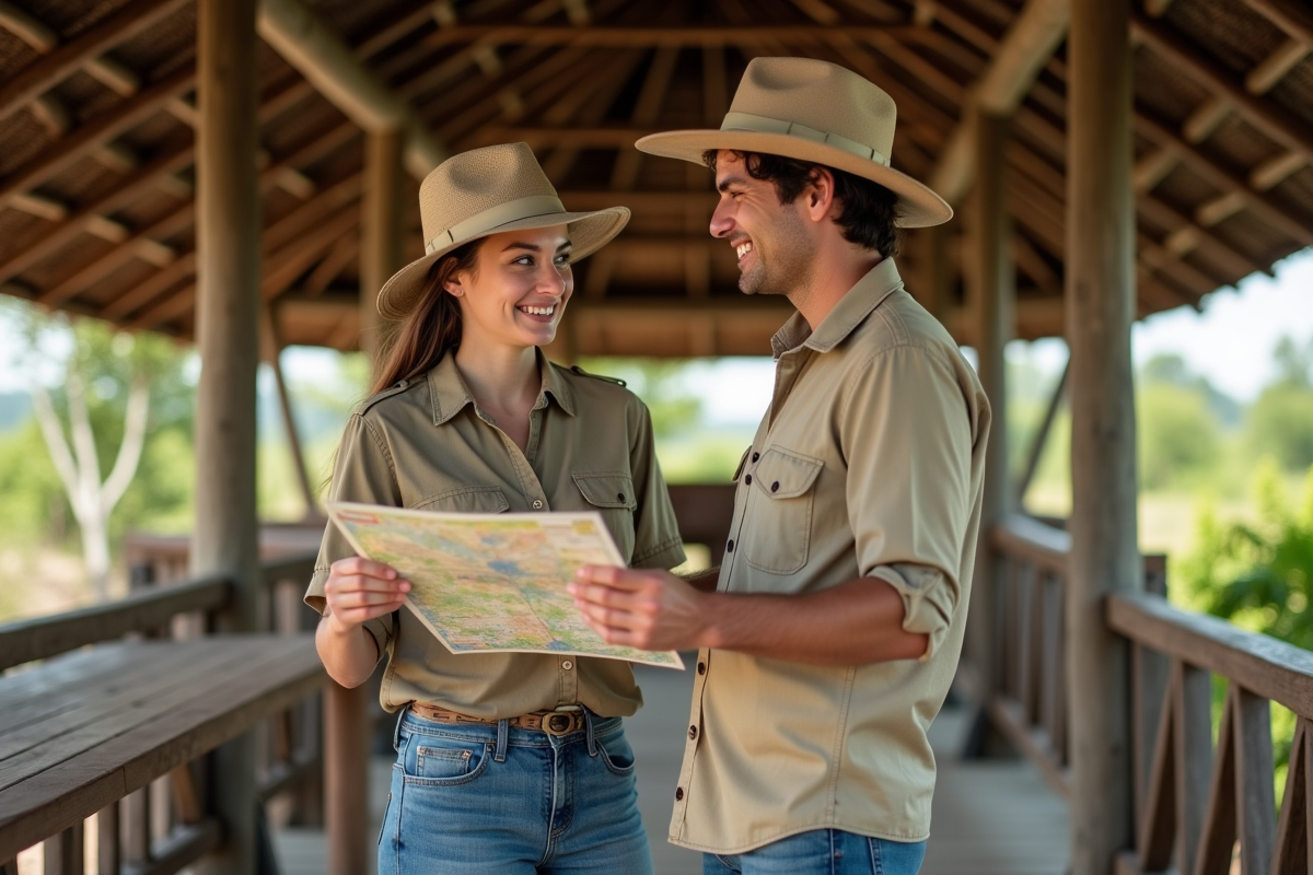 Jeune femme en safari consultante avec guide en nature