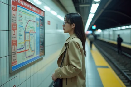 Femme seule étudiant un plan de métro dans une station de Tokyo la nuit, voyage en solo au Japon
