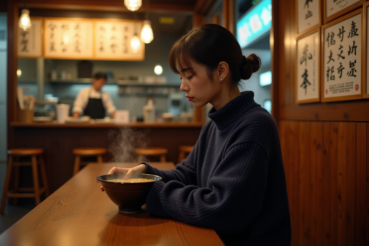 Femme voyageant seule savourant un bol de ramen dans un petit restaurant de Tokyo la nuit, expérience solo au Japon