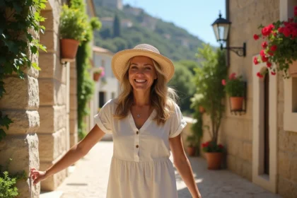 Femme souriante en robe légère dans le village d Eze