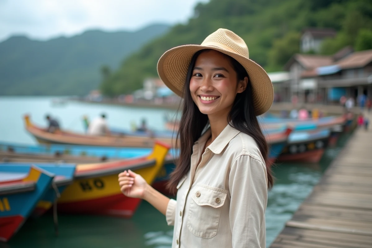 Femme souriante à Padangbai avec bateaux colorés