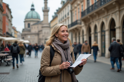 Femme avec carte et appareil photo devant un bâtiment historique