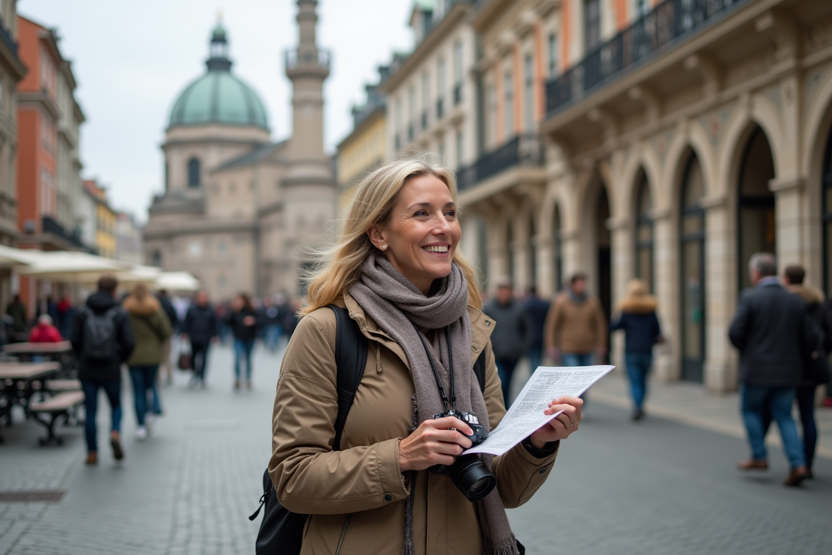 Femme avec carte et appareil photo devant un bâtiment historique
