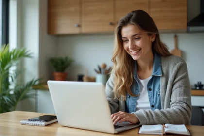 Jeune femme utilisant un ordinateur pour comparer vols