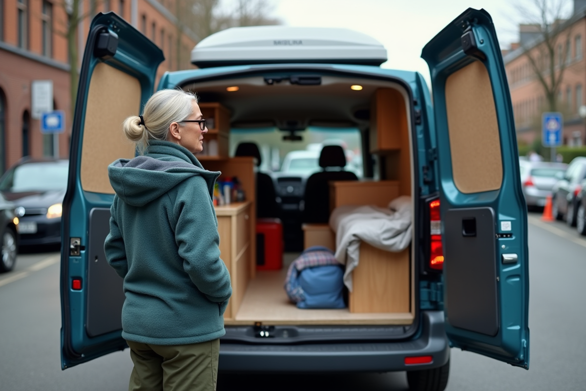 Femme près d’un van urbain avec intérieur organisé