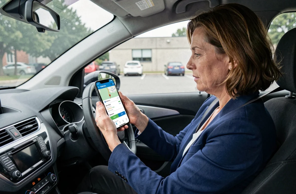 Femme en voiture consultant l'estimation des coûts de trajet sur l'application ViaMichelin