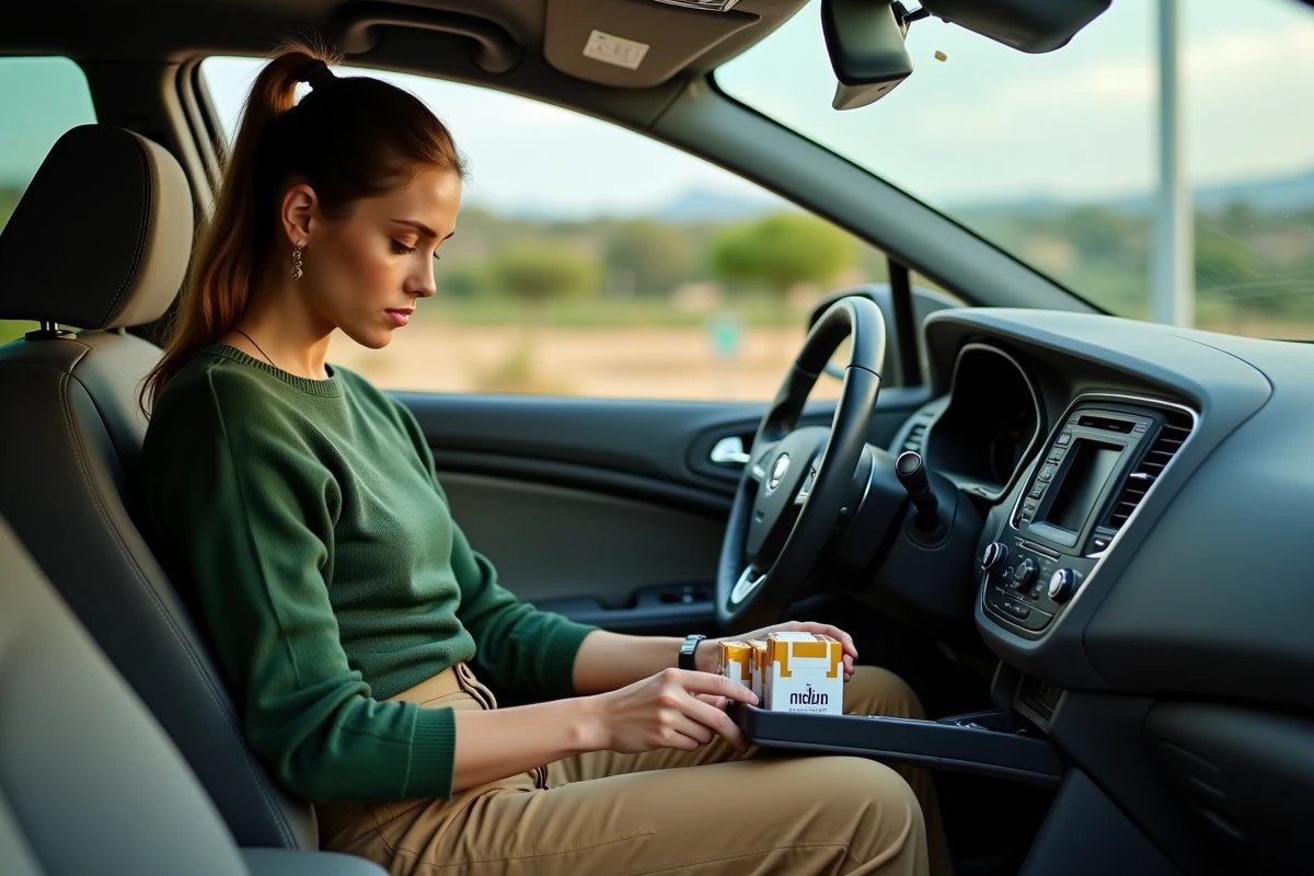 Jeune femme organise des cigarettes dans la voiture au passage frontière