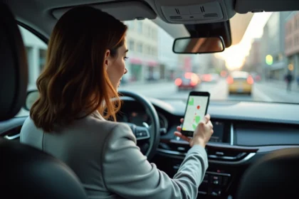 Femme au volant consultant l'application Via Mappy sur smartphone pour éviter les bouchons en ville