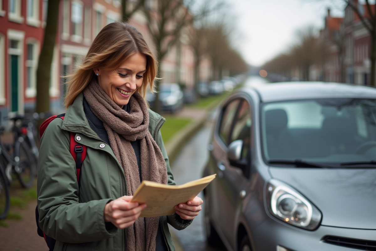 Femme souriante vérifiant une carte près d'une voiture aux Pays-Bas