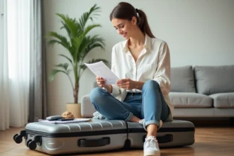 Femme vérifiant sa checklist de voyage dans un salon lumineux