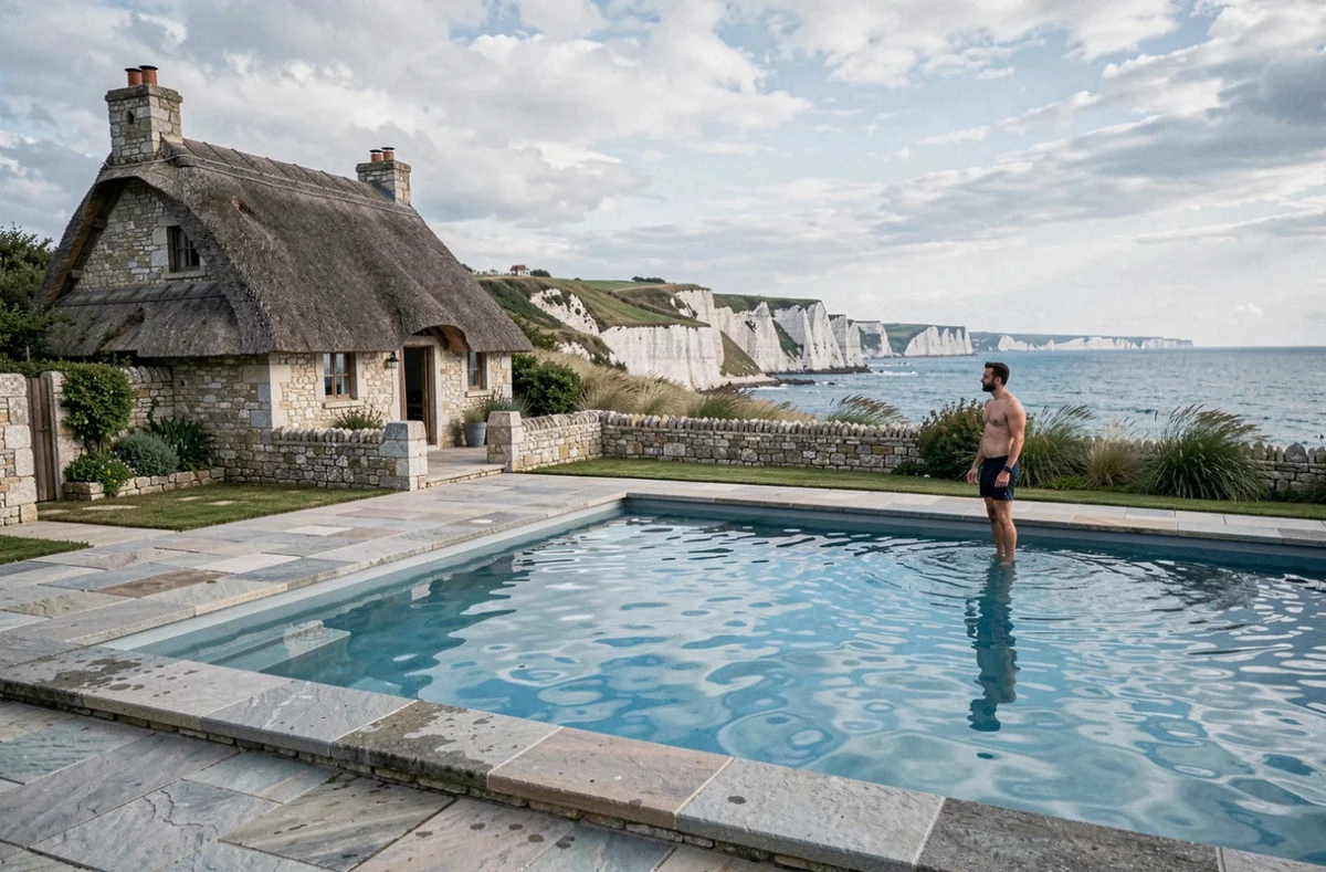 La Ferme de la Valeuse avec sa piscine offrant une vue spectaculaire sur les falaises d'albâtre de la côte normande