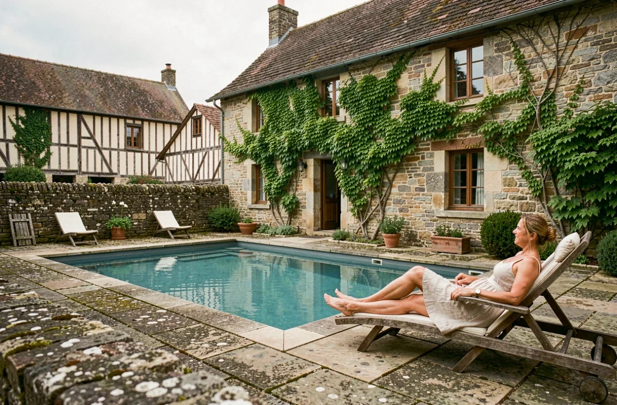La Ferme de L'Oudon avec sa piscine extérieure au cœur d'une cour en pierre normande traditionnelle