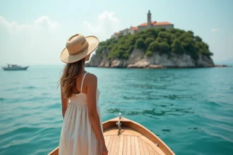 Femme sur un ferry approchant l'île de Lokrum depuis Dubrovnik avec vue sur la mer Adriatique