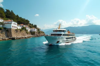 Ferry blanc traversant la mer Égée en direction de l'île de Skopelos avec ses collines verdoyantes et ses maisons blanches en arrière-plan