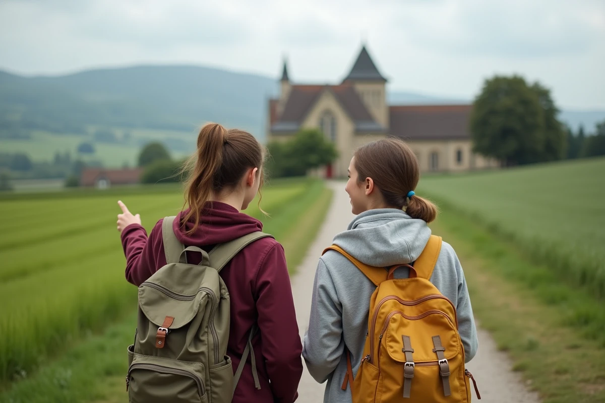 Fille et mère en randonnée dans la campagne avec abbaye en arrière-plan