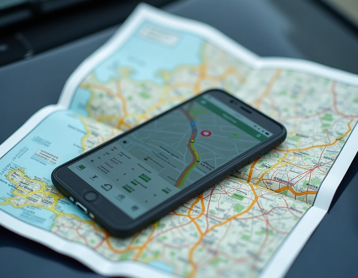 Comparaison flat lay entre une carte routière papier Michelin et une application GPS sur smartphone posés sur un capot de voiture