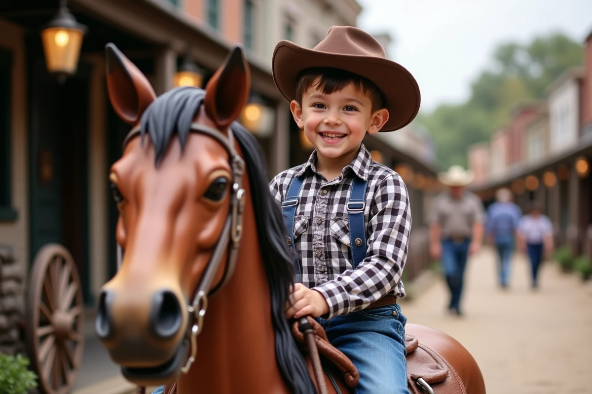 Jeune garçon sur un cheval en décor de ville western à Oasys