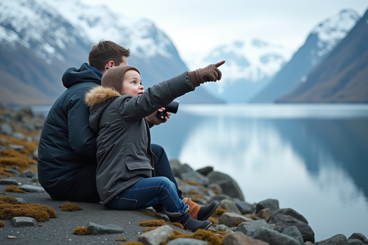 Jeune garçon pointant vers la mer avec son père sur la côte norvégienne