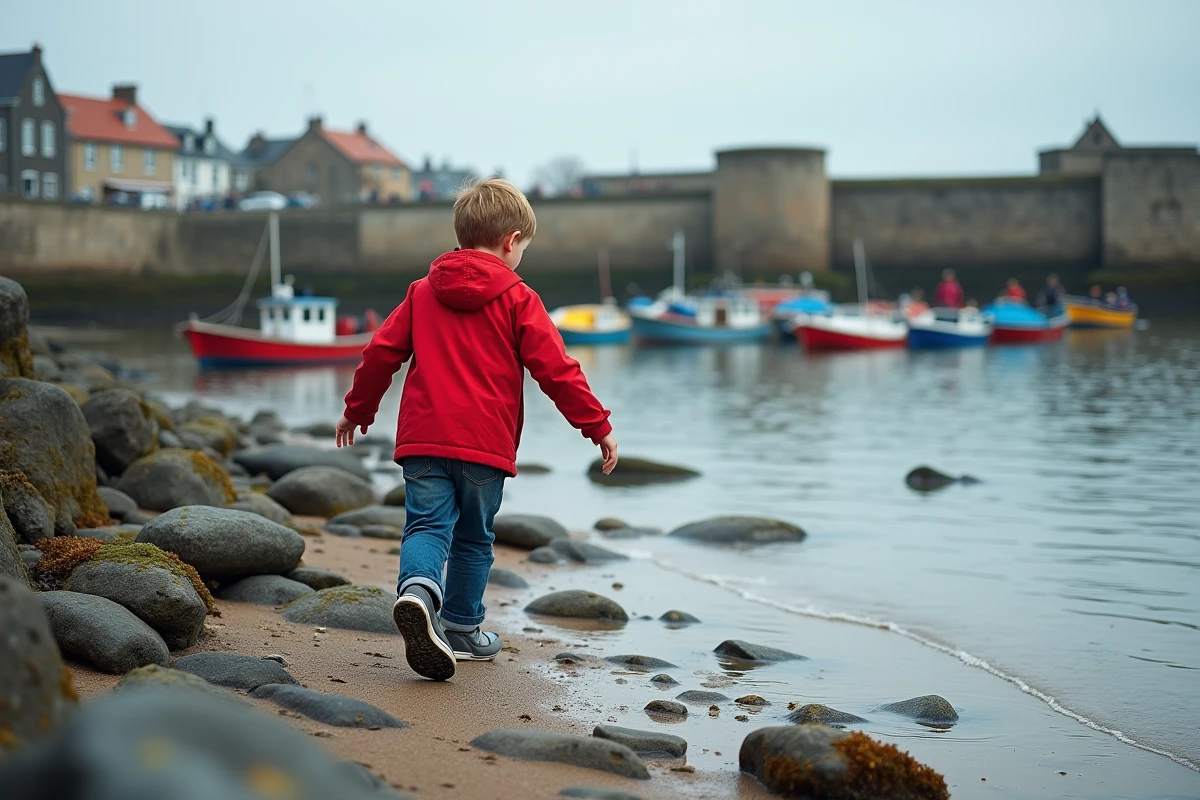 Jeune garçon jouant aux pierres sur la plage de Concarneau