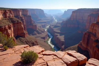 Vue panoramique du Grand Canyon en Arizona avec ses falaises de grès rouge stratifiées et ses profondeurs vertigineuses sous un ciel dégagé