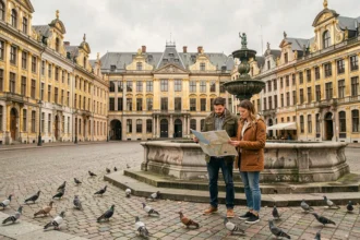 Couple consultant une carte sur la Grand-Place de Bruxelles entourée de façades baroques dorées en automne