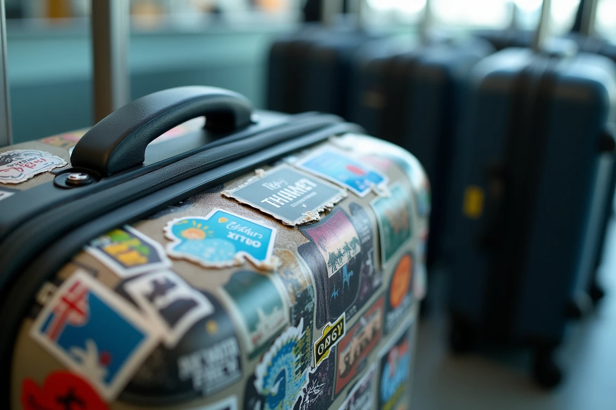 Gros plan sur une valise couverte d'autocollants de voyage sur le tapis de récupération des bagages à l'aéroport