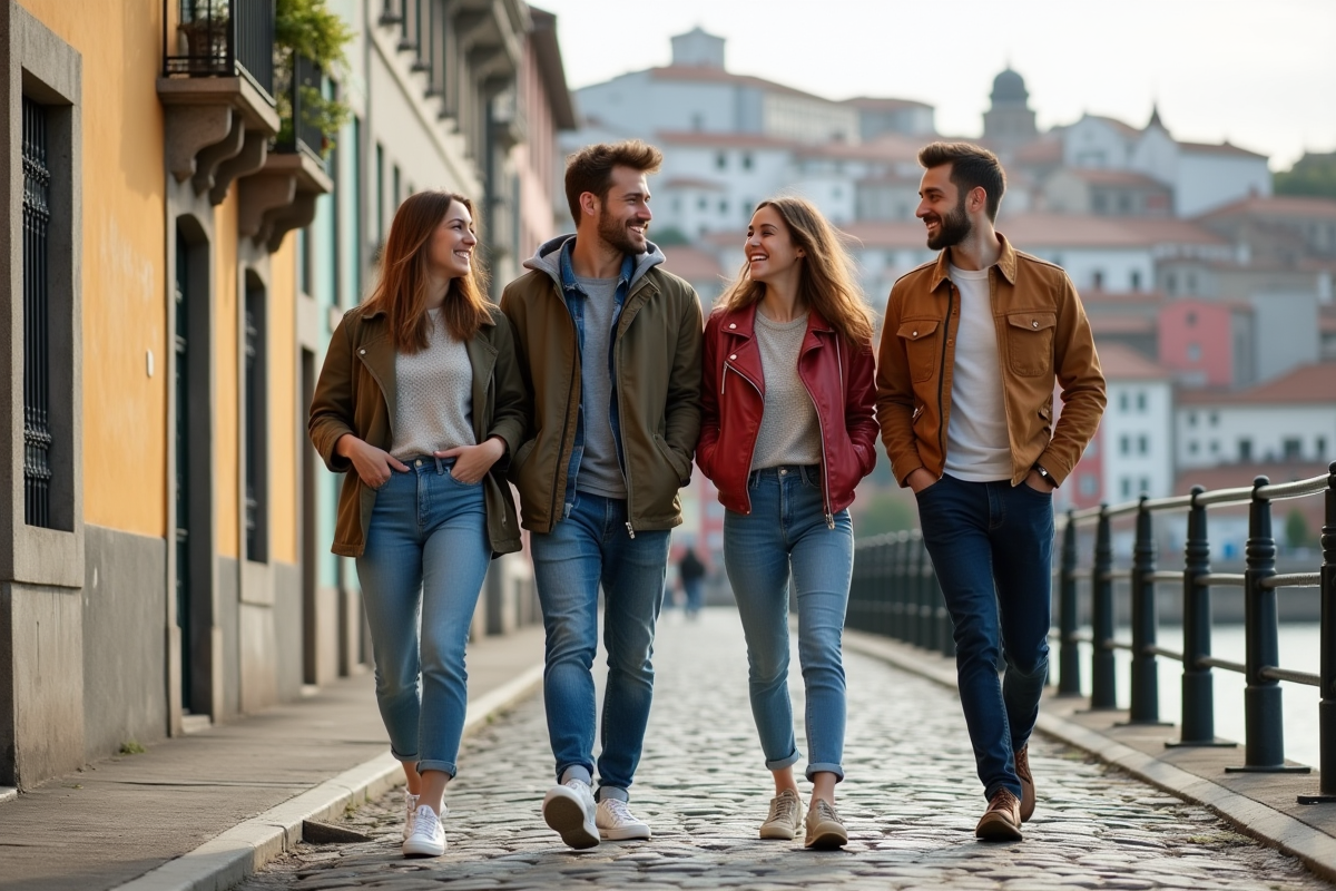 Groupe d amis dans le quartier Ribeira à Porto